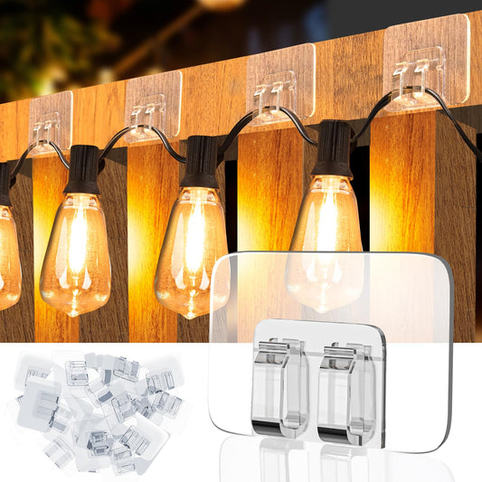 24 PCS Hooks for Outdoor String Lights Clips Heavy Duty Cable Clips Hooks for Hanging Christmas Lights With Waterproof Adhesive Strips  UV-Resistant Wall Wire Cord Holder for Porch Patio Decor